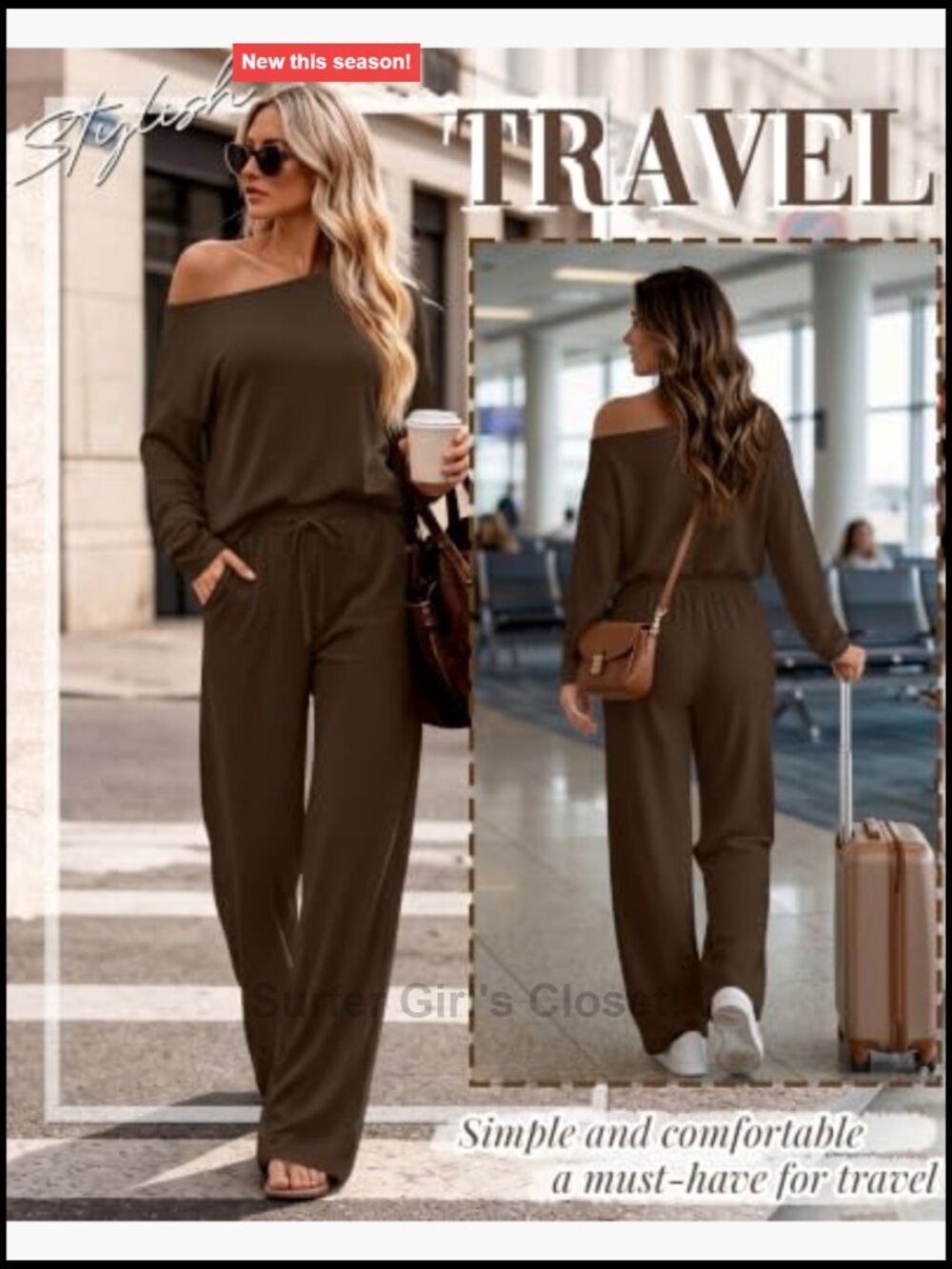 Women's 2 Piece Lounge Set Off Shoulder Top Wide Leg Pants - Picture 2 of 6